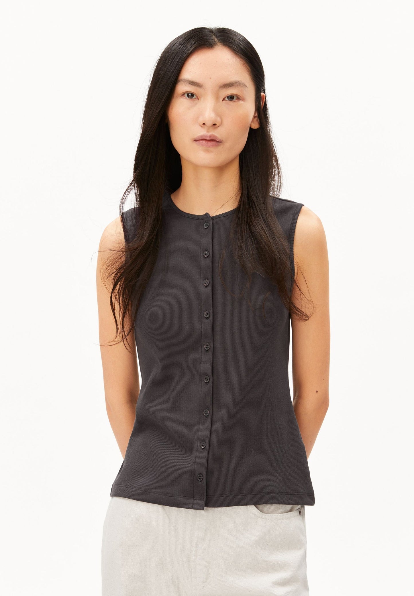 Armedangels - Rib Button Top | Dark Steel